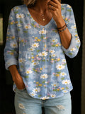 Women's Vintage Floral Art Print Linen-cotton Shirt