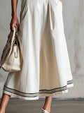Elegant Sporty Striped TrimWhite Cotton Sleeveless Midi Dress