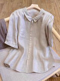 Women's Solid-color Collared Short-sleeve Casual Loose Cotton-linen Top