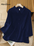 Women'sSolid Color Lapel 3/4 Sleeves Casual Linen Shirt