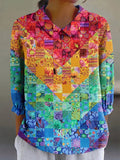 Artistic Geometric Color-block Cotton-linen Shirt