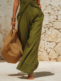 Olive Green Halter Twist-front Linen Cotton Top & Lace Trim Wide Leg Pants Set