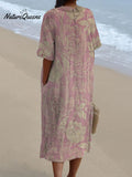 Women's Vintage Floral Art Print Pocket Linen Dress（Convertible Dress With Front And Back Option）