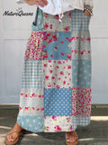Women's Retro Floral Patchwork Art Linen Pocket Skirt