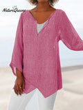 JFN Cotton & Linen Asymmetric Hem Loose Fit Long Sleeve Shirts Tunic Top