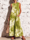Women's Abstract Print Round-neck Sleeveless Loose-fit Cotton-linen Casual Dress