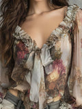 Sexy Watercolor Floral Print Lace-up Ruffle-sleeve Blouse