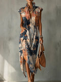 Gradient Decorative Pattern Women's No Sleeve Bud Collar Linen Cotton Dress