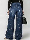 Women's Retro Stars Art Print Casual Stylish Hollow Denim Pants