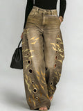 Women's Retro Print Casual Fashion Cutout Jeans
