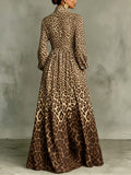 Gradient Leopard Print Stand Collar Button-down Maxi Shirt Dress