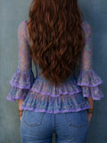 Bohemian Art Print Chiffon Top With Lace Trim