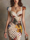 Vintage Floral & Polka Dot Lace Trim Ruched Midi Dress