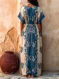 Women's Casual Loose Cotton-linen Dress With V-neck Short Sleeves And Placement Print