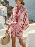Women'S Casual Vacation Printed Loose Top, Shorts, And Scarf Set