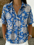 Women's Vintage Botanical Floral Casual Polo Collar Short-sleeved Linen And Cotton Shirt