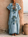 Women's Casual Loose Cotton-linen Dress With V-neck Short Sleeves And Placement Print