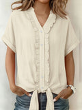 Women's Solid-Color Cotton-Linen Casual Short-Sleeve Button-Down Shirt with Ruffled Trim