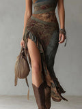 Women's Bohemian Vintage Patchwork Print Asymmetrical Ruffled Maxi Dress