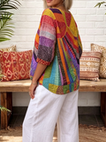 Boho Geometric Sun Print V-neck Cotton T-shirt