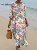 Women's Retro Purple Floral Print Pocket Cotton Dress