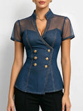 Women's V-neck Short-sleeve Casual Loose Denim-paneled Top
