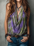 Women's Cowl-neck Sleeveless Loose-fit Casual Plaid Print Top